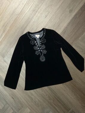 Talbots Velvet Beaded Tunic Top Womens 10 Black Long Sleeve‎ Holiday Party Y2K